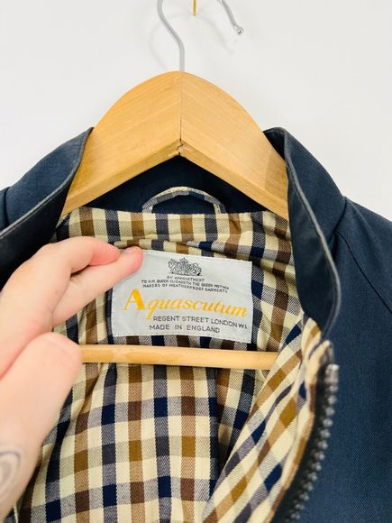 Aquascutum Vintage Mod Jacket 8 UK Navy Blue Check Lining Logo Classic - Picture 7 of 10